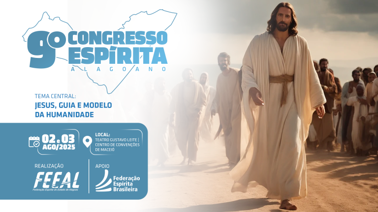 Banner oficial do 9º Congresso Espírita Alagoano destacando a figura de Jesus e o tema central Jesus, Guia e Modelo da Humanidade