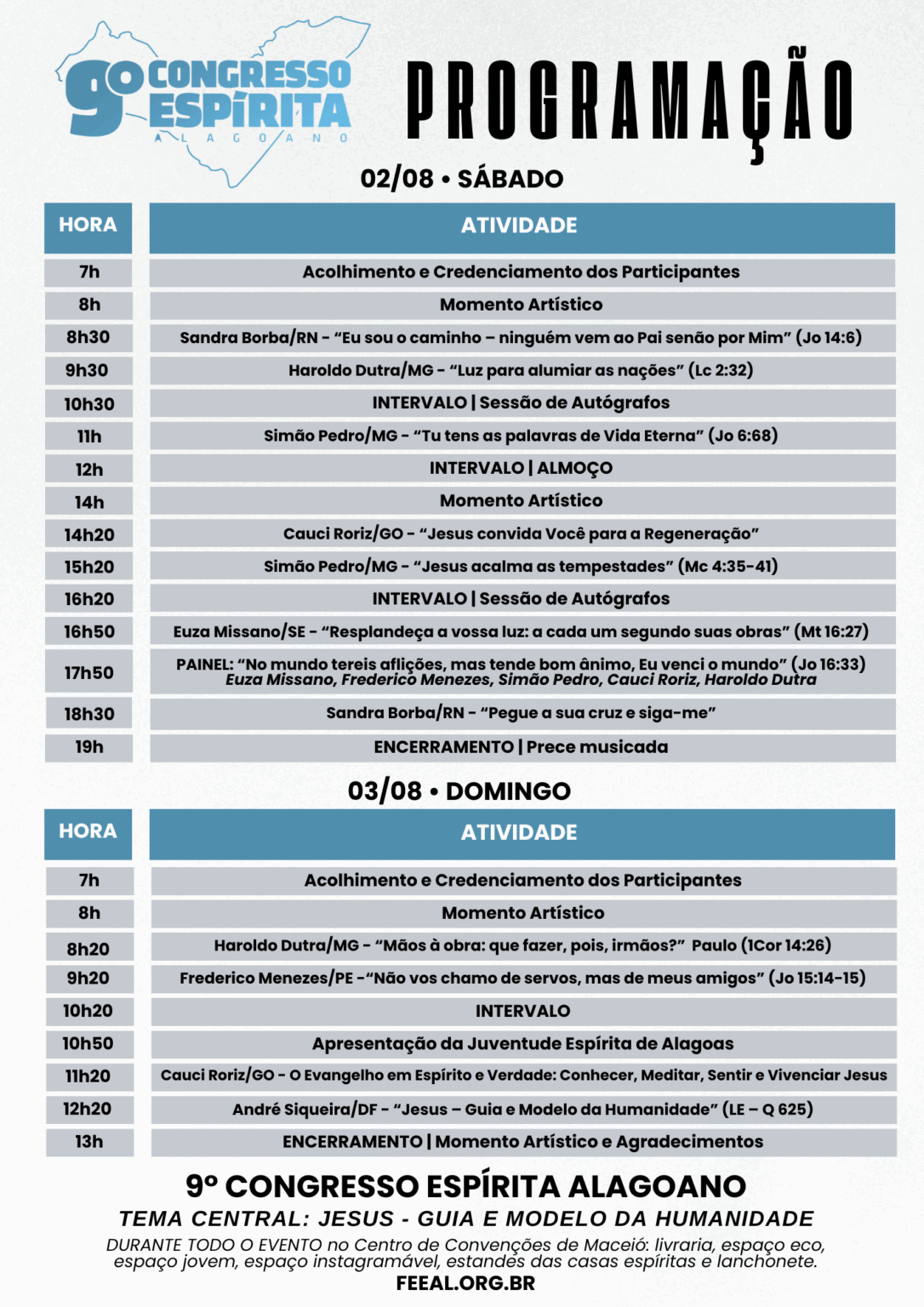 Programação detalhada do 9º Congresso Espírita Alagoano