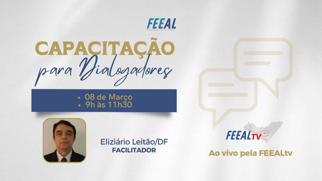 Banner promocional da Capacitação Virtual para Dialogadores da FEEAL com foto do facilitador Eliziário Leitão e data do evento.