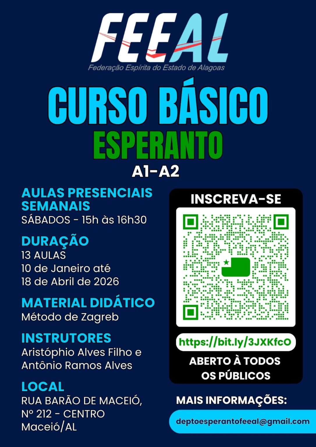 Cartaz informativo do Curso Básico de Esperanto níveis A1 e A2 na FEEAL