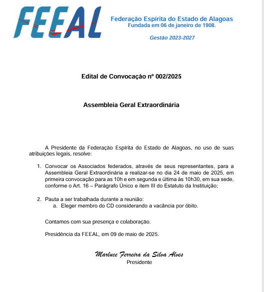 Documento oficial do Edital de Convocação nº 002/2025 da FEEAL