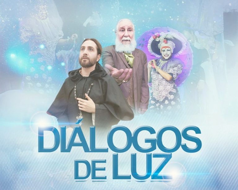 Cartaz promocional da peça teatral Diálogos de Luz em Maceió, apresentando os atores caracterizados em fundo azul luminoso.