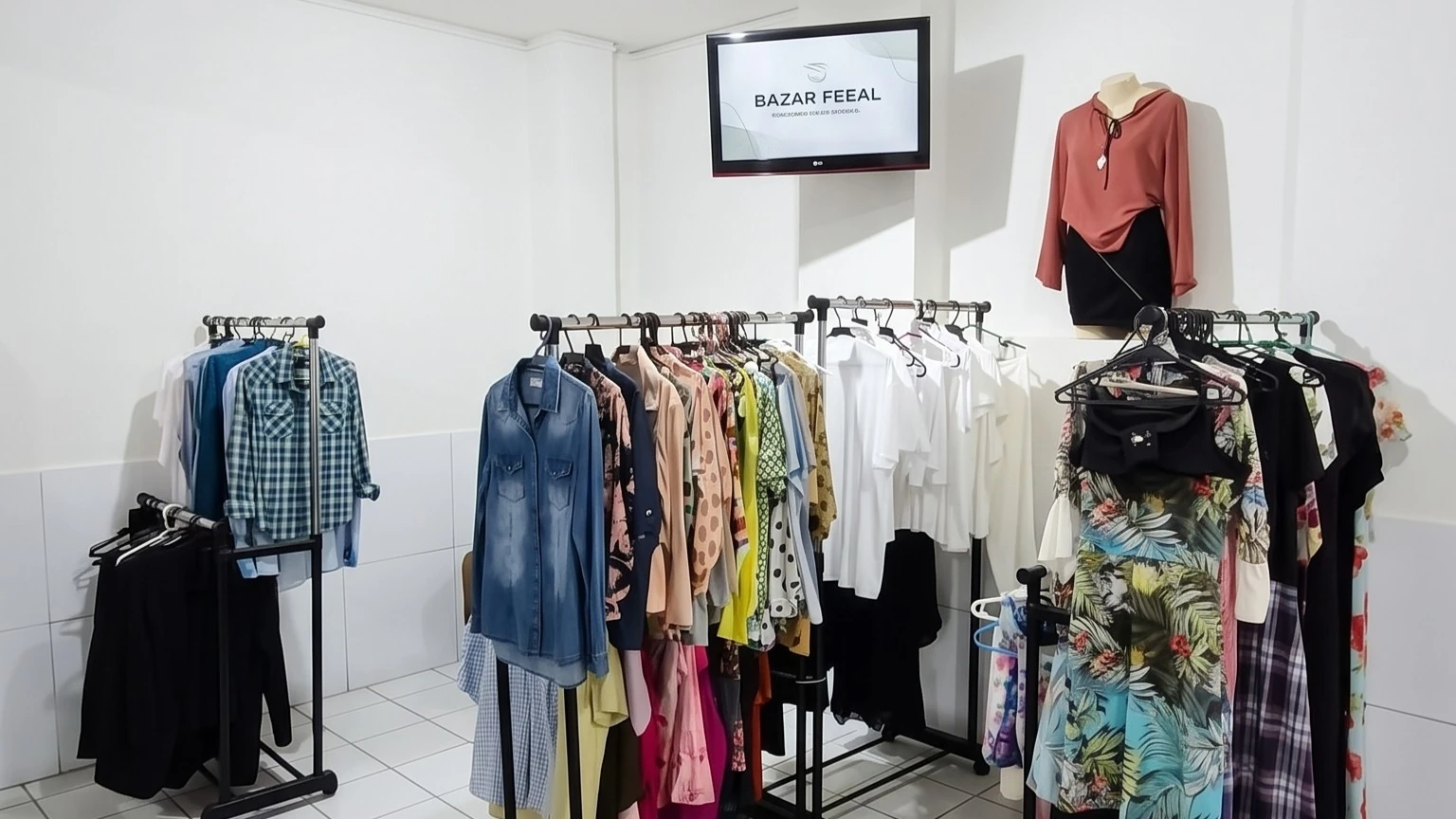 Araras organizadas com roupas e peças de vestuário ao lado de manequim nas instalações do Bazar Fraterno da FEEAL.