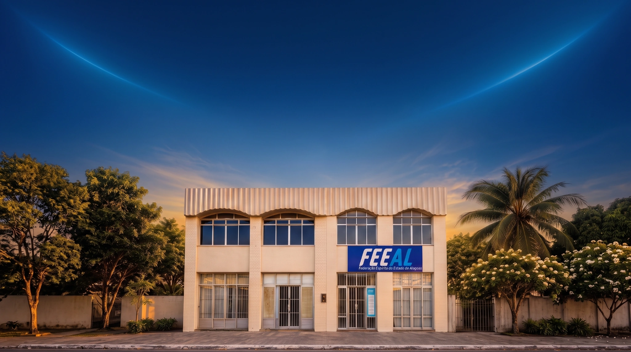 Fachada da sede da Federação Espírita do Estado de Alagoas ao entardecer sob iluminação azul
