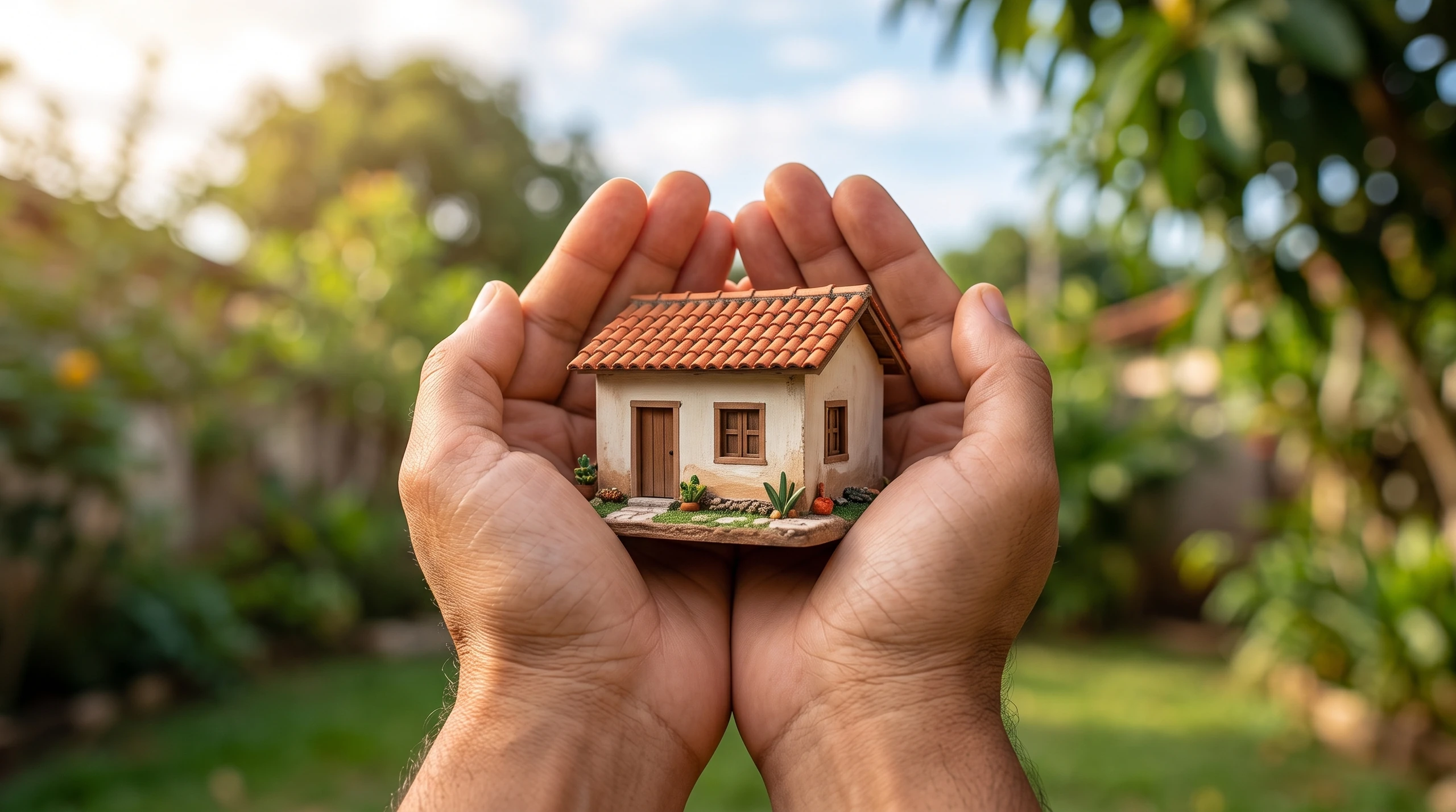 Duas mãos em concha acolhendo e protegendo uma casa em miniatura em meio a um jardim verdejante ensolarado.