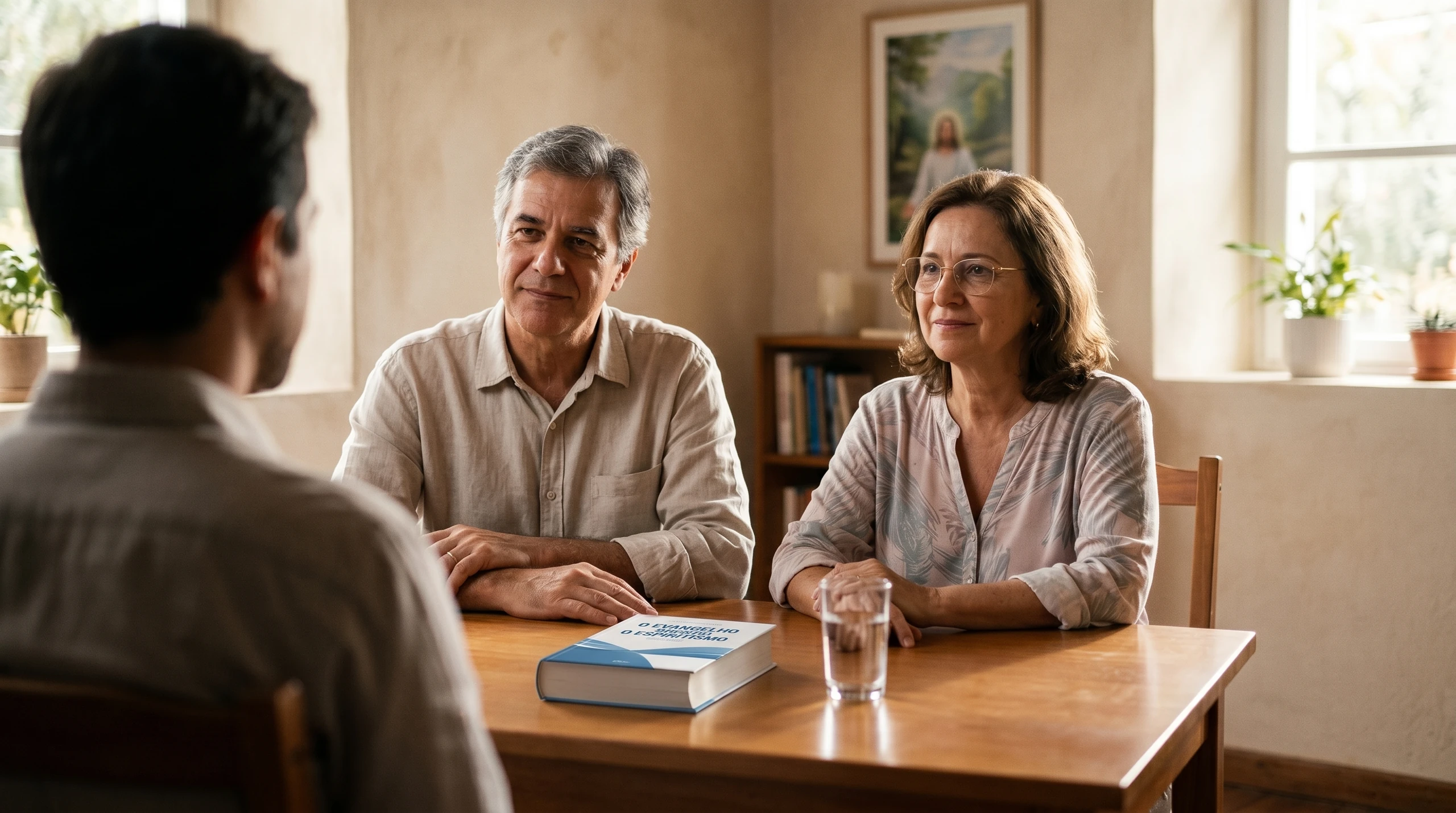 Sessão de atendimento fraterno em ambiente sereno e acolhedor, com voluntários da FEEAL ouvindo com atenção e o livro O Evangelho Segundo o Espiritismo sobre a mesa.