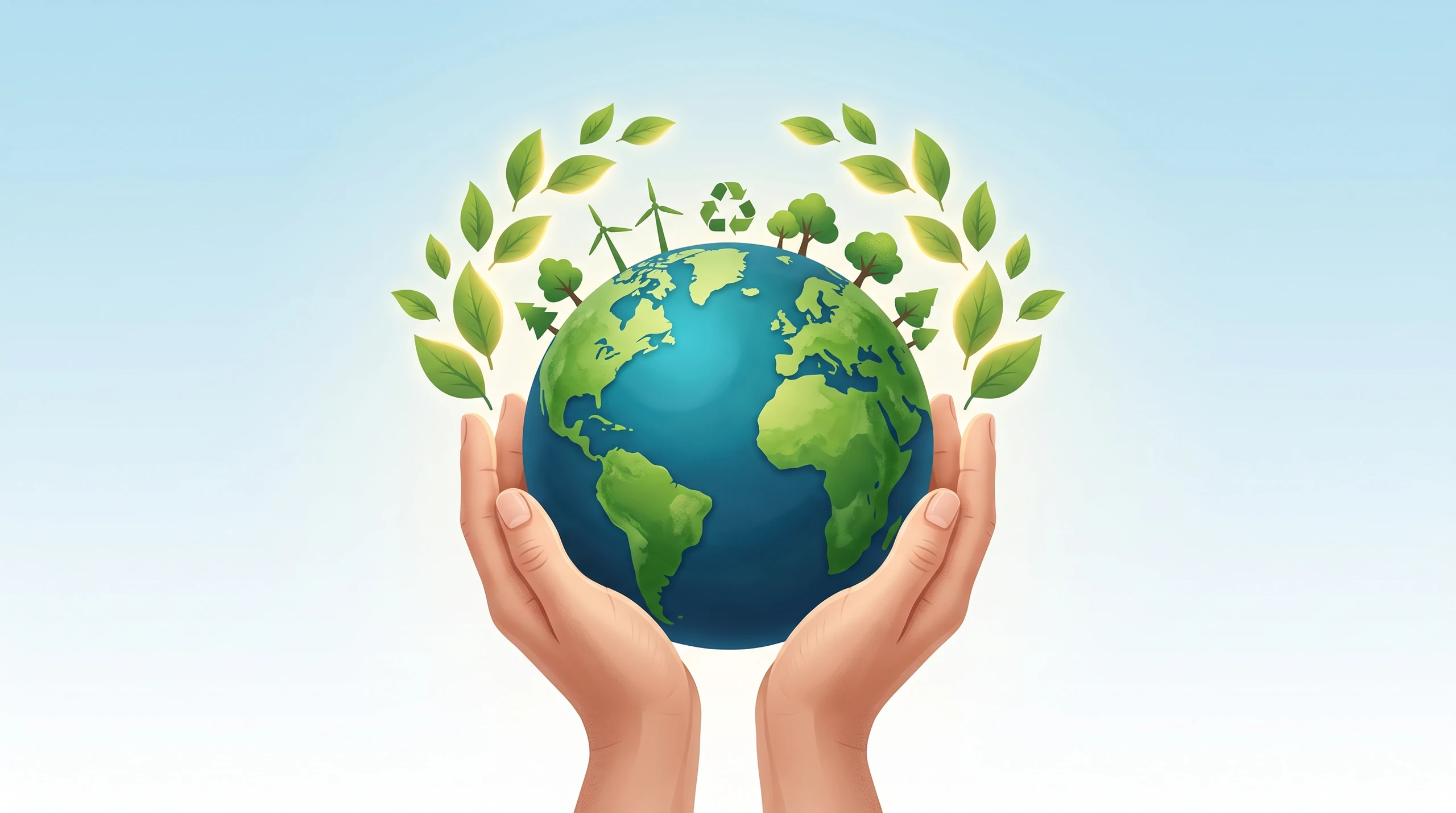Ilustração de duas mãos em gesto de amparo sustentando o planeta Terra rodeado por folhas verdes, árvores e energia sustentável
